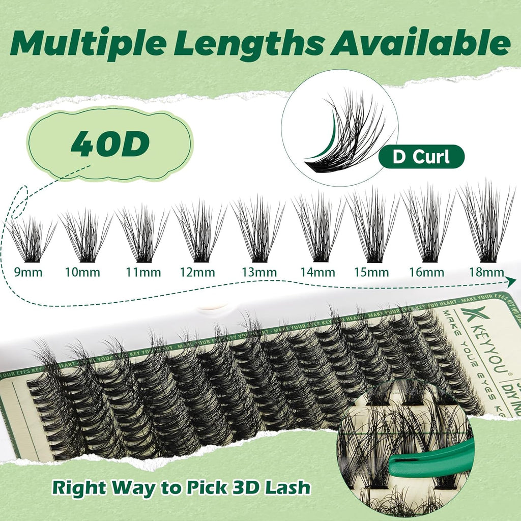 Lash Extension Kit 3D Effect  Lash Clusters Kit 280Pcs D Curl 9-18MIX Eyelash Extension Kit with Lash Bond and Seal,Tweezers,Remover and Brush for Fluffy（3D-40D-D-9-18Mix）