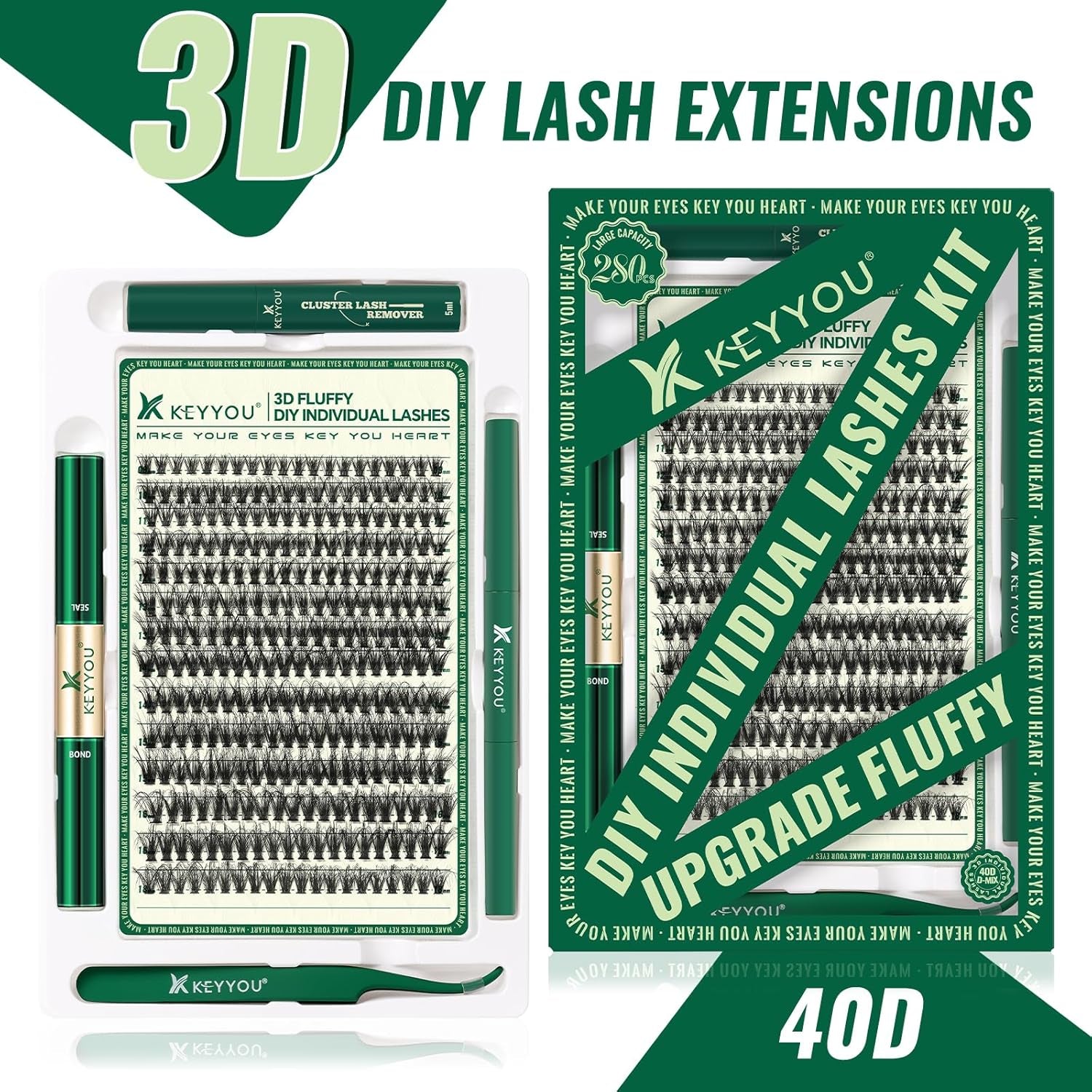Lash Extension Kit 3D Effect  Lash Clusters Kit 280Pcs D Curl 9-18MIX Eyelash Extension Kit with Lash Bond and Seal,Tweezers,Remover and Brush for Fluffy（3D-40D-D-9-18Mix）