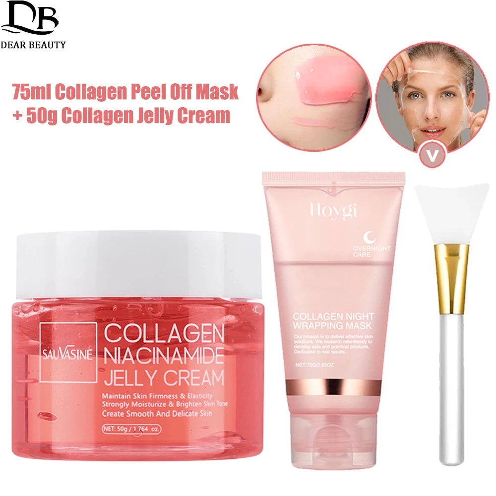 75ml Collagen Peel-off Face Mask Night Wrapping Mask + 50g Collagen Jelly Cream Firming Skin Moisturizing Facial Masks Cream