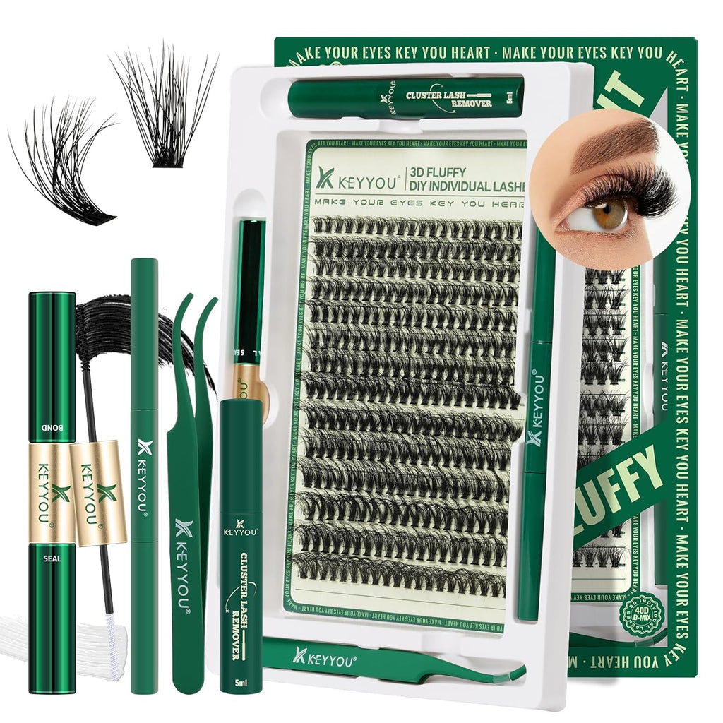 Lash Extension Kit 3D Effect  Lash Clusters Kit 280Pcs D Curl 9-18MIX Eyelash Extension Kit with Lash Bond and Seal,Tweezers,Remover and Brush for Fluffy（3D-40D-D-9-18Mix）