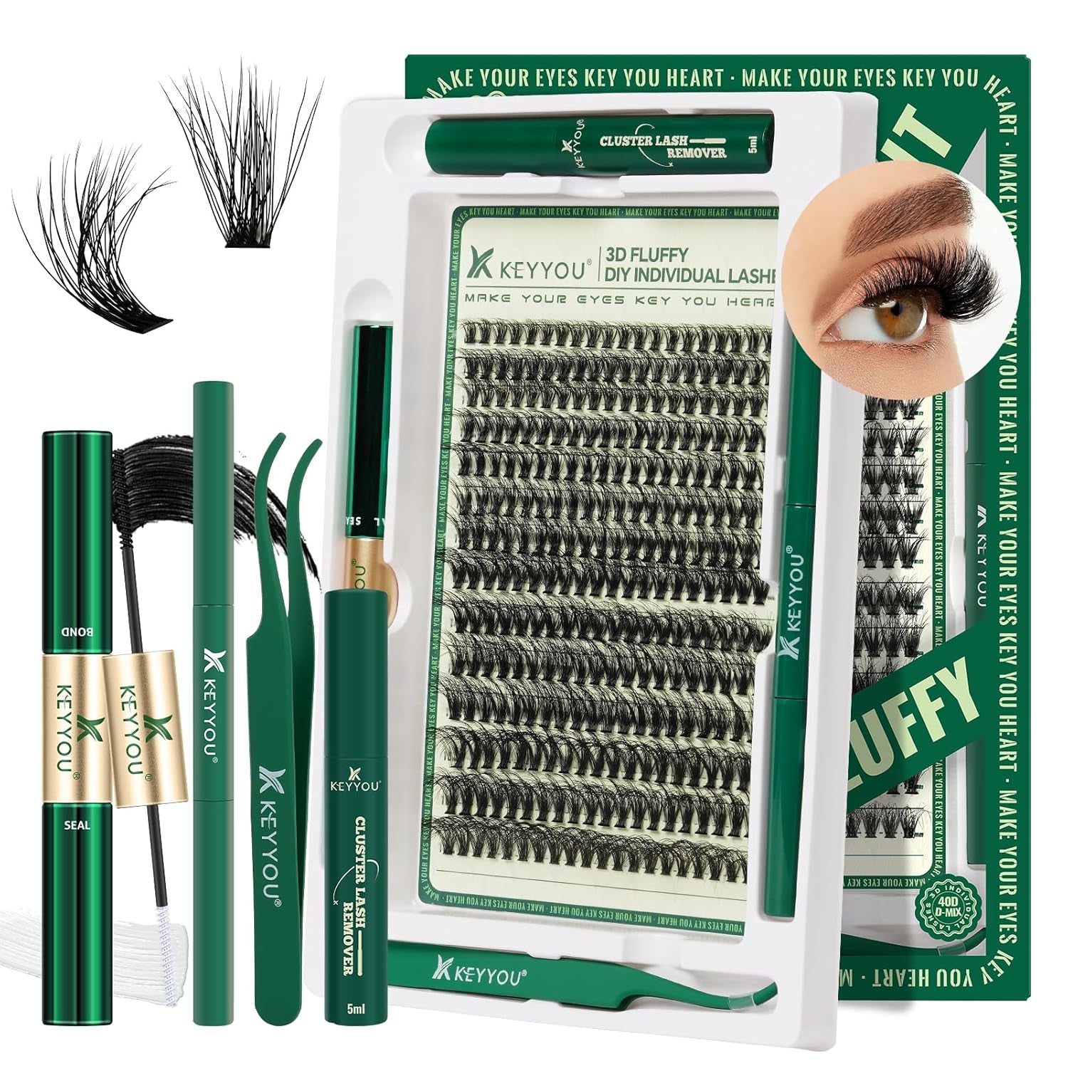 Lash Extension Kit 3D Effect  Lash Clusters Kit 280Pcs D Curl 9-18MIX Eyelash Extension Kit with Lash Bond and Seal,Tweezers,Remover and Brush for Fluffy（3D-40D-D-9-18Mix）